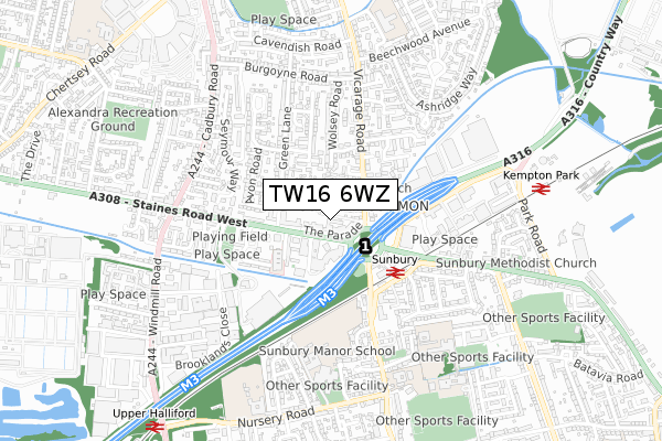 TW16 6WZ map - small scale - OS Open Zoomstack (Ordnance Survey)