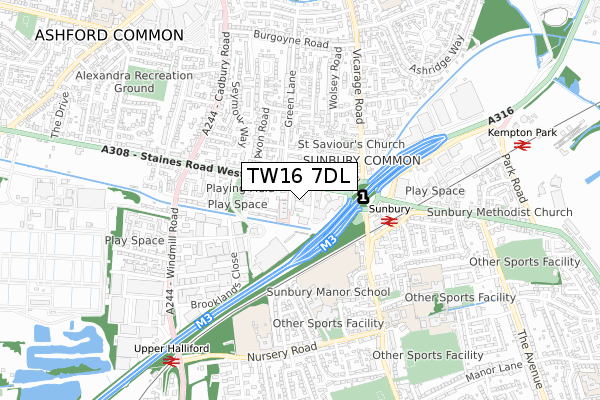 TW16 7DL map - small scale - OS Open Zoomstack (Ordnance Survey)