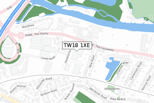 TW18 1XE map - large scale - OS Open Zoomstack (Ordnance Survey)