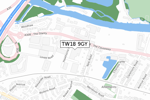 TW18 9GY map - large scale - OS Open Zoomstack (Ordnance Survey)