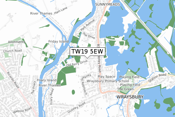 TW19 5EW map - small scale - OS Open Zoomstack (Ordnance Survey)