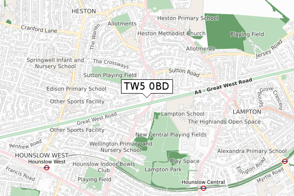 TW5 0BD map - small scale - OS Open Zoomstack (Ordnance Survey)