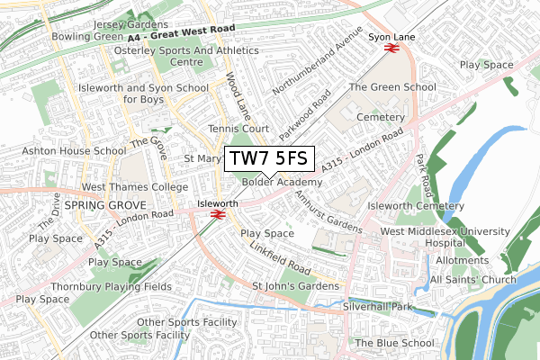 TW7 5FS map - small scale - OS Open Zoomstack (Ordnance Survey)