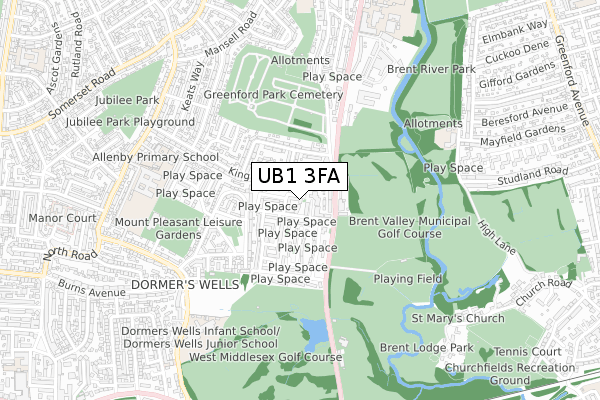 UB1 3FA map - small scale - OS Open Zoomstack (Ordnance Survey)