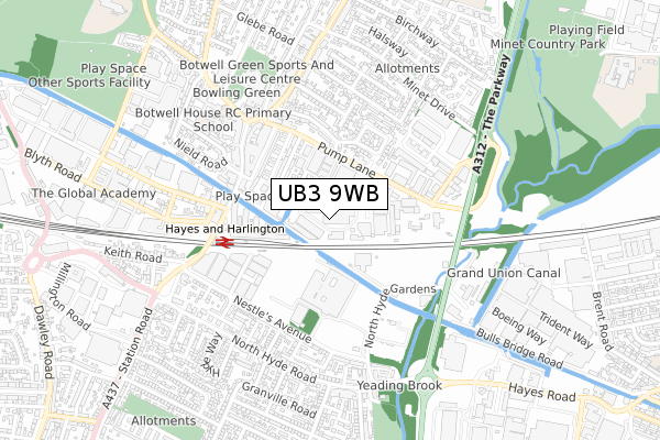 UB3 9WB map - small scale - OS Open Zoomstack (Ordnance Survey)