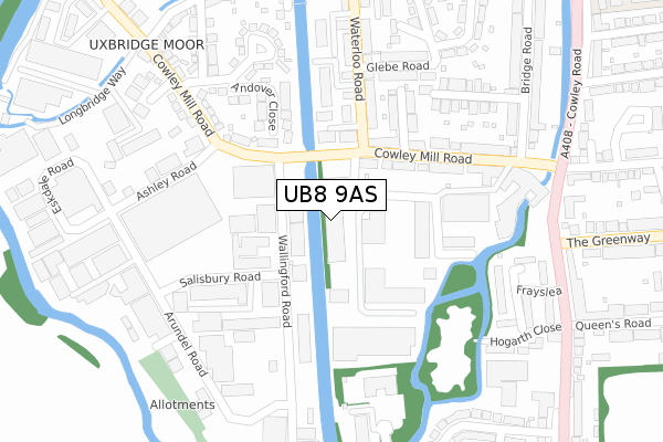 UB8 9AS map - large scale - OS Open Zoomstack (Ordnance Survey)