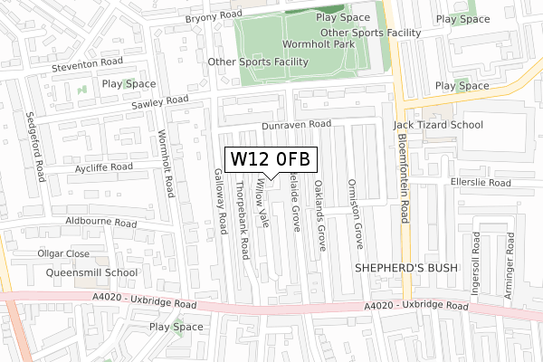 W12 0FB map - large scale - OS Open Zoomstack (Ordnance Survey)