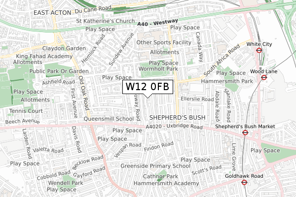 W12 0FB map - small scale - OS Open Zoomstack (Ordnance Survey)