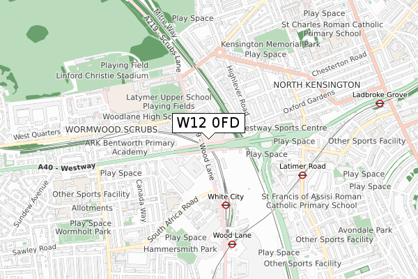 W12 0FD map - small scale - OS Open Zoomstack (Ordnance Survey)