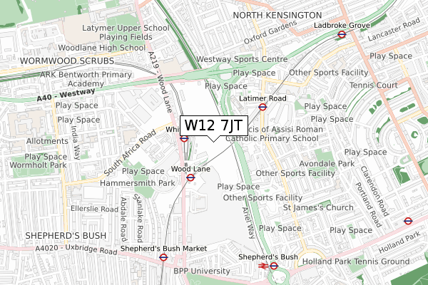 W12 7JT map - small scale - OS Open Zoomstack (Ordnance Survey)