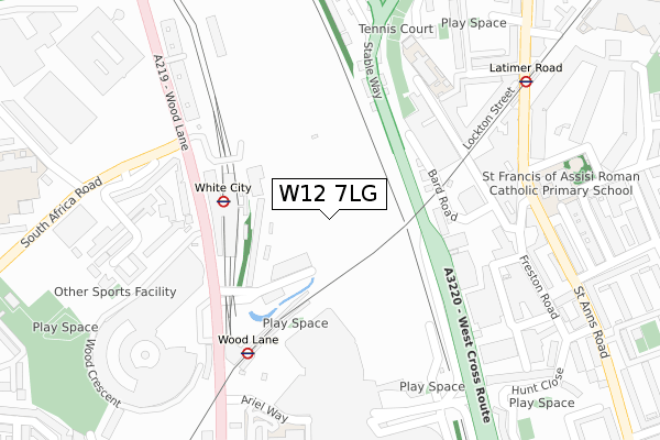 W12 7LG map - large scale - OS Open Zoomstack (Ordnance Survey)