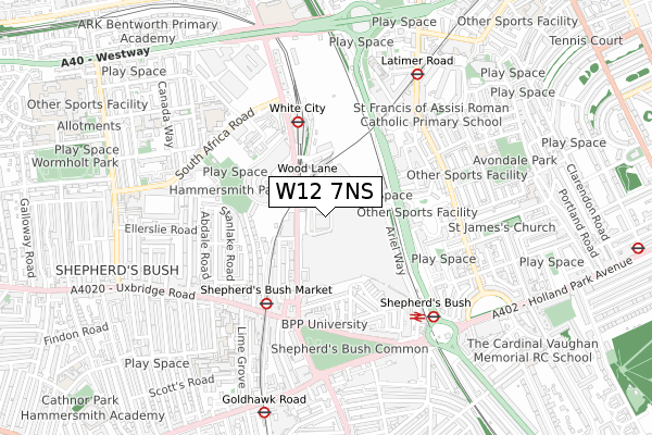 W12 7NS map - small scale - OS Open Zoomstack (Ordnance Survey)