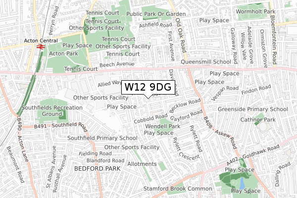 W12 9DG map - small scale - OS Open Zoomstack (Ordnance Survey)