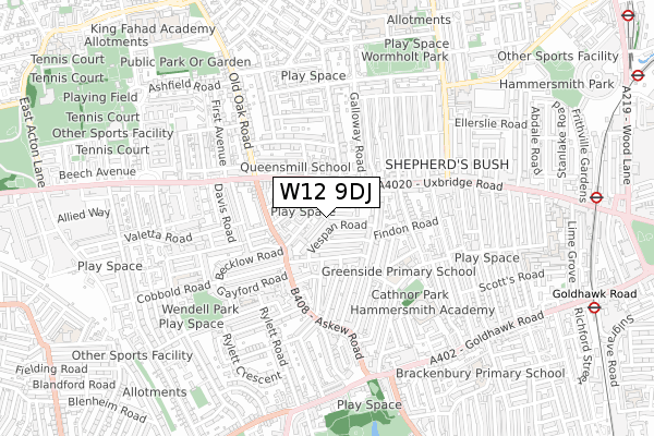 W12 9DJ map - small scale - OS Open Zoomstack (Ordnance Survey)