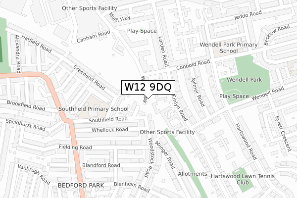 W12 9DQ map - large scale - OS Open Zoomstack (Ordnance Survey)