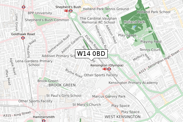 W14 0BD map - small scale - OS Open Zoomstack (Ordnance Survey)