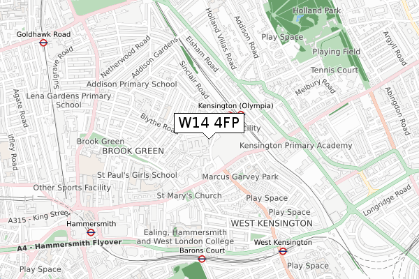 W14 4FP map - small scale - OS Open Zoomstack (Ordnance Survey)