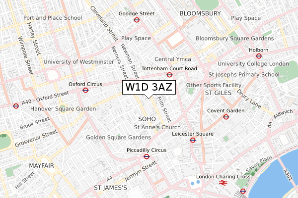 W1D 3AZ map - small scale - OS Open Zoomstack (Ordnance Survey)