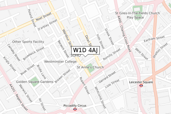 W1D 4AJ map - large scale - OS Open Zoomstack (Ordnance Survey)