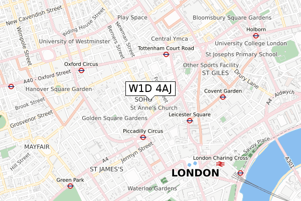 W1D 4AJ map - small scale - OS Open Zoomstack (Ordnance Survey)