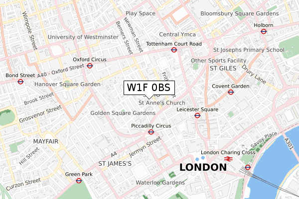 W1F 0BS map - small scale - OS Open Zoomstack (Ordnance Survey)