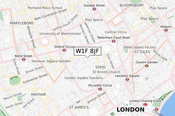 W1F 8JF map - small scale - OS Open Zoomstack (Ordnance Survey)