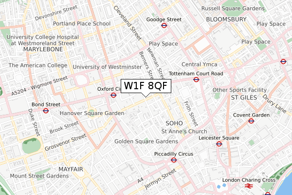 W1F 8QF map - small scale - OS Open Zoomstack (Ordnance Survey)