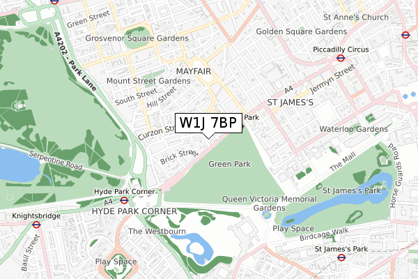 W1J 7BP map - small scale - OS Open Zoomstack (Ordnance Survey)