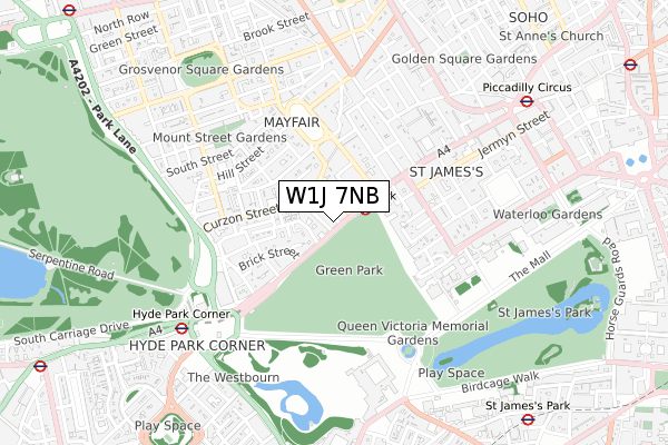 W1J 7NB map - small scale - OS Open Zoomstack (Ordnance Survey)