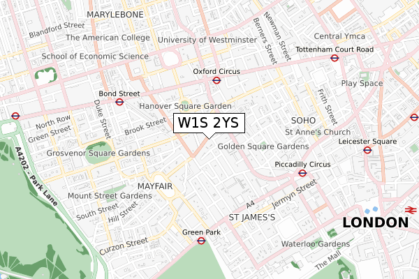 W1S 2YS map - small scale - OS Open Zoomstack (Ordnance Survey)