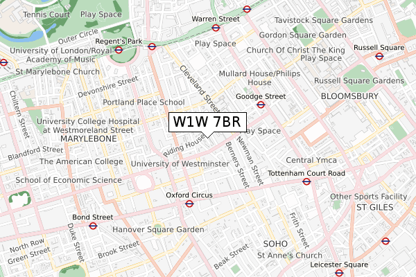 W1W 7BR map - small scale - OS Open Zoomstack (Ordnance Survey)