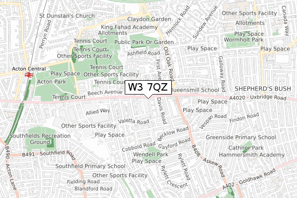 W3 7QZ map - small scale - OS Open Zoomstack (Ordnance Survey)