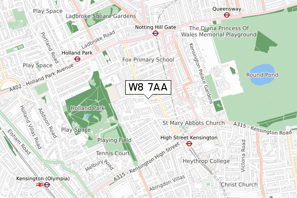 W8 7AA map - small scale - OS Open Zoomstack (Ordnance Survey)