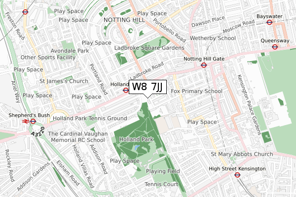 W8 7JJ map - small scale - OS Open Zoomstack (Ordnance Survey)