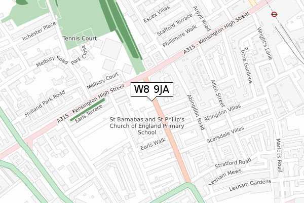 W8 9JA map - large scale - OS Open Zoomstack (Ordnance Survey)