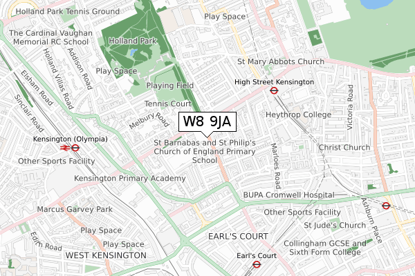 W8 9JA map - small scale - OS Open Zoomstack (Ordnance Survey)