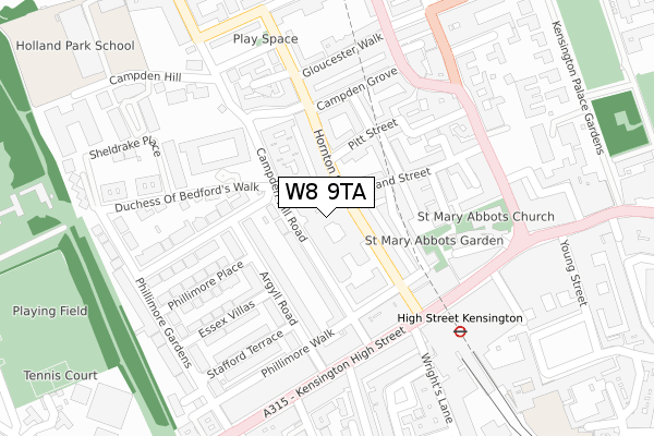 W8 9TA map - large scale - OS Open Zoomstack (Ordnance Survey)