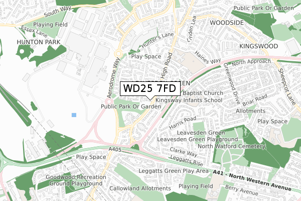 WD25 7FD map - small scale - OS Open Zoomstack (Ordnance Survey)