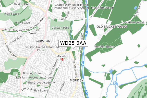 WD25 9AA map - small scale - OS Open Zoomstack (Ordnance Survey)