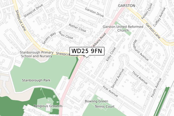 WD25 9FN map - large scale - OS Open Zoomstack (Ordnance Survey)