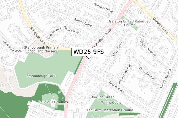 WD25 9FS map - large scale - OS Open Zoomstack (Ordnance Survey)