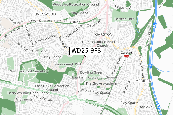 WD25 9FS map - small scale - OS Open Zoomstack (Ordnance Survey)