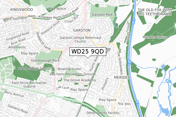 WD25 9QD map - small scale - OS Open Zoomstack (Ordnance Survey)