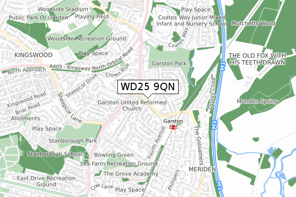 WD25 9QN map - small scale - OS Open Zoomstack (Ordnance Survey)