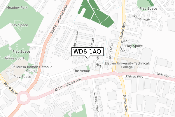 WD6 1AQ map - large scale - OS Open Zoomstack (Ordnance Survey)