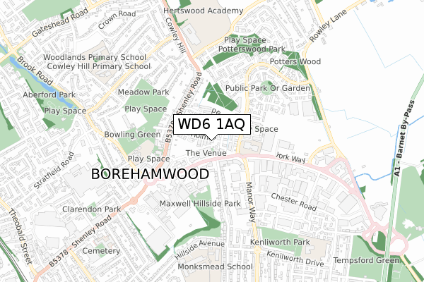 WD6 1AQ map - small scale - OS Open Zoomstack (Ordnance Survey)