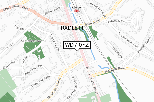 WD7 0FZ map - large scale - OS Open Zoomstack (Ordnance Survey)