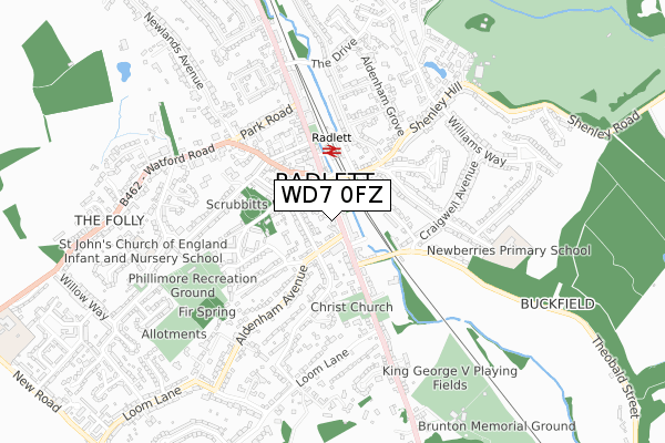 WD7 0FZ map - small scale - OS Open Zoomstack (Ordnance Survey)