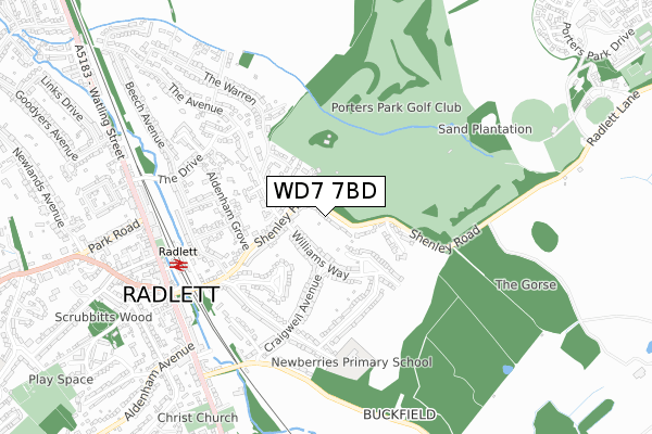 WD7 7BD map - small scale - OS Open Zoomstack (Ordnance Survey)