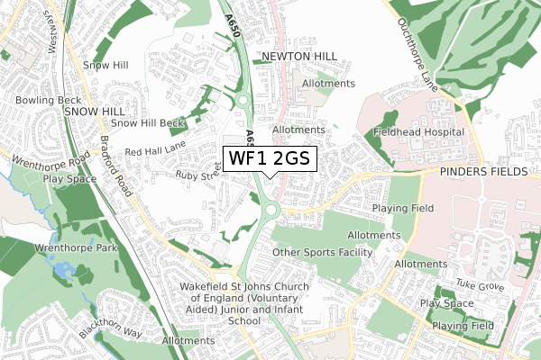 WF1 2GS map - small scale - OS Open Zoomstack (Ordnance Survey)